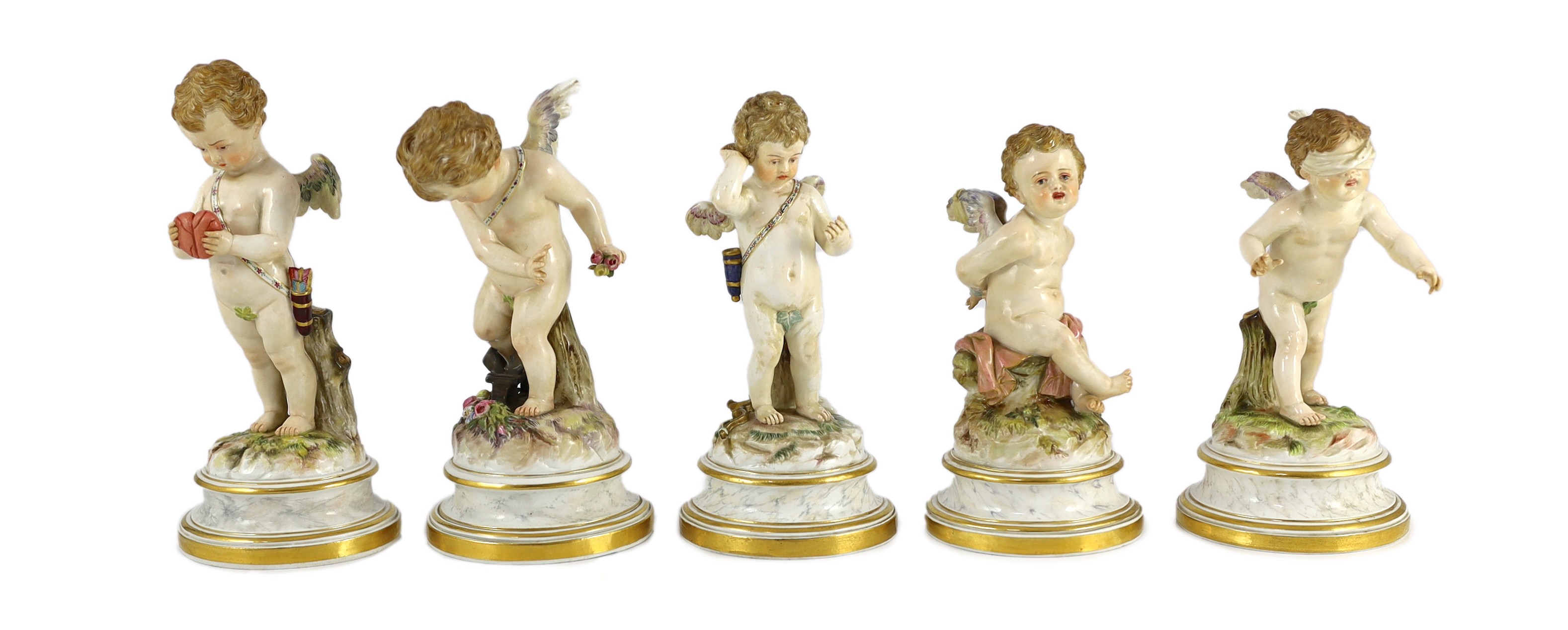 A series of five Meissen porcelain figures of Cupid, late 19th century, modelled by Heinrich Schwabe, 15.5cm - 20cm high, perplexed Cupid restored, Provenance - purchased from Winifred Williams, Eastbourne/London before